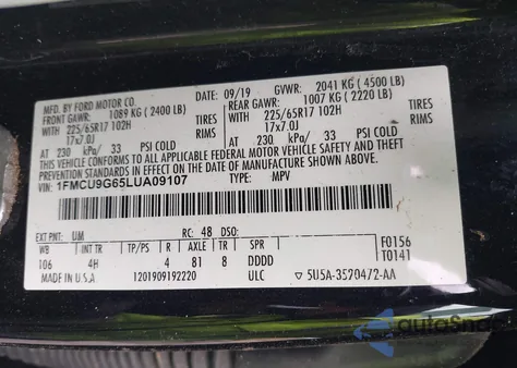 2020 Ford Escape Se из США, поврежденный, VIN 1FMCU9G65LUA09107